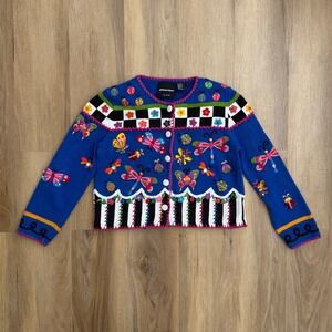 Vintage Michael Simon Blue Embroidered Butterfly Ladybug Cardigan Sweater Small